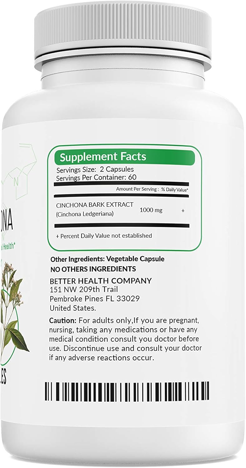 Quinine Cinchona Bark Extract Herbal Supplement for Immune Support, Leg Cramp Relief - 500 mg, 120 Capsules