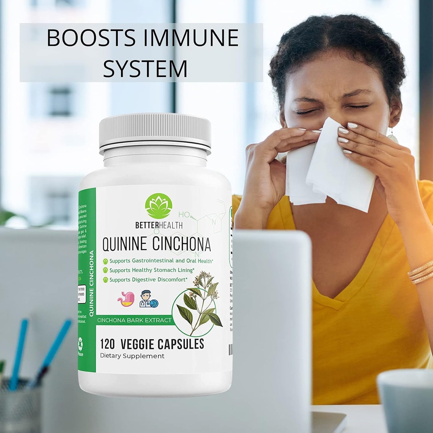 Quinine Cinchona Bark Extract Herbal Supplement for Immune Support, Leg Cramp Relief - 500 mg, 120 Capsules