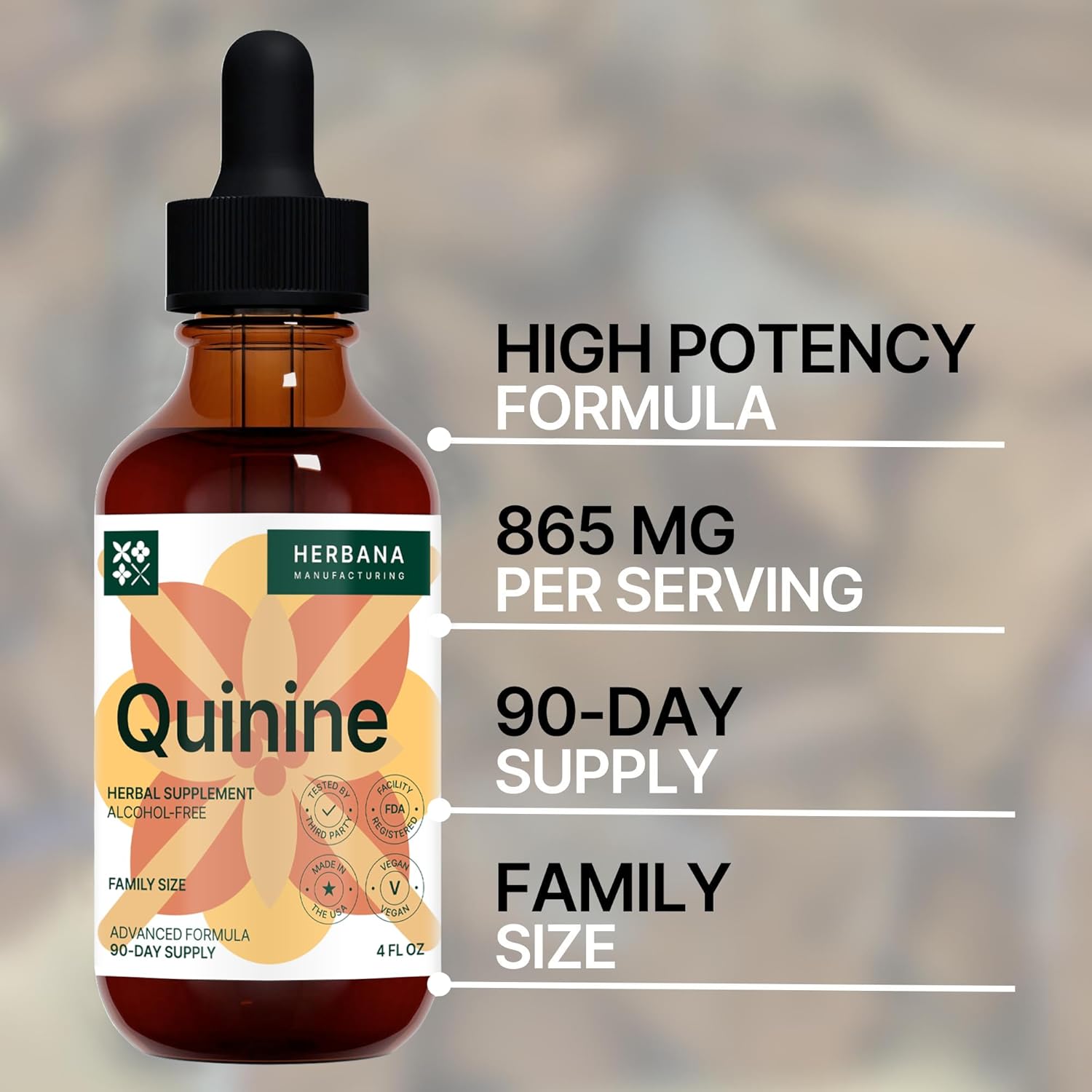 Quinine Liquid Extract 4 fl oz - Natural Digestive Health Support Supplement - Cinchona Officinalis Bark Tincture - Cramp Defense - High Potency - 90-Day Supply