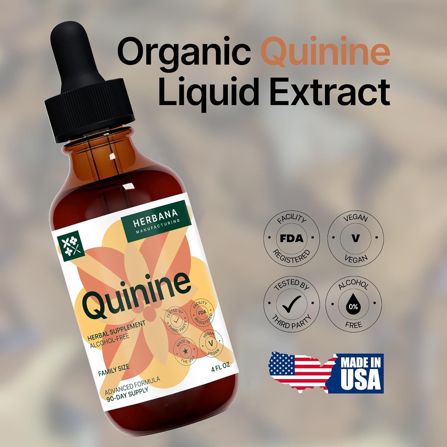 Quinine Liquid Extract 4 fl oz - Natural Digestive Health Support Supplement - Cinchona Officinalis Bark Tincture - Cramp Defense - High Potency - 90-Day Supply