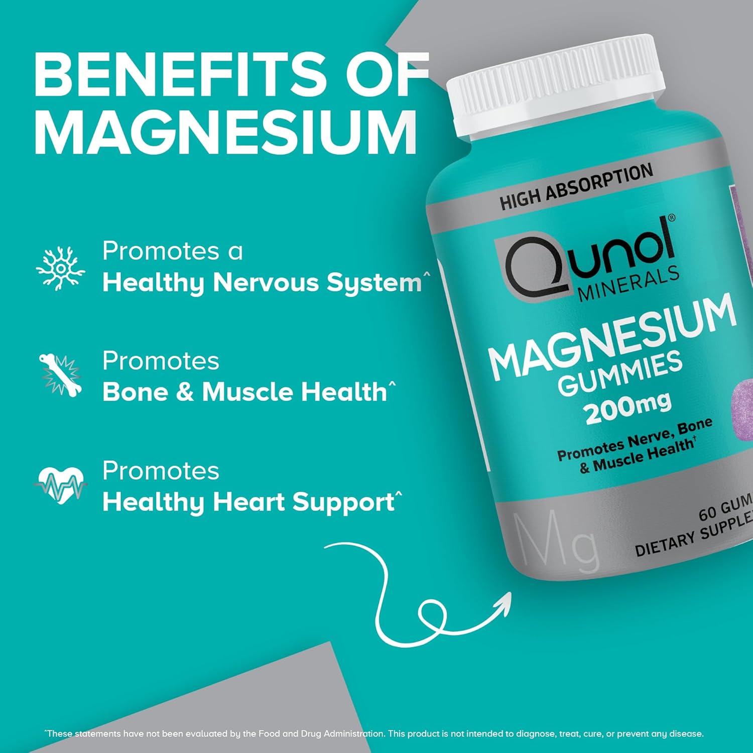 Qunol 200mg Magnesium Citrate Gummies for Adults, High Absorption Supplement for Nerve, Bone, Muscle Health - 120 Count