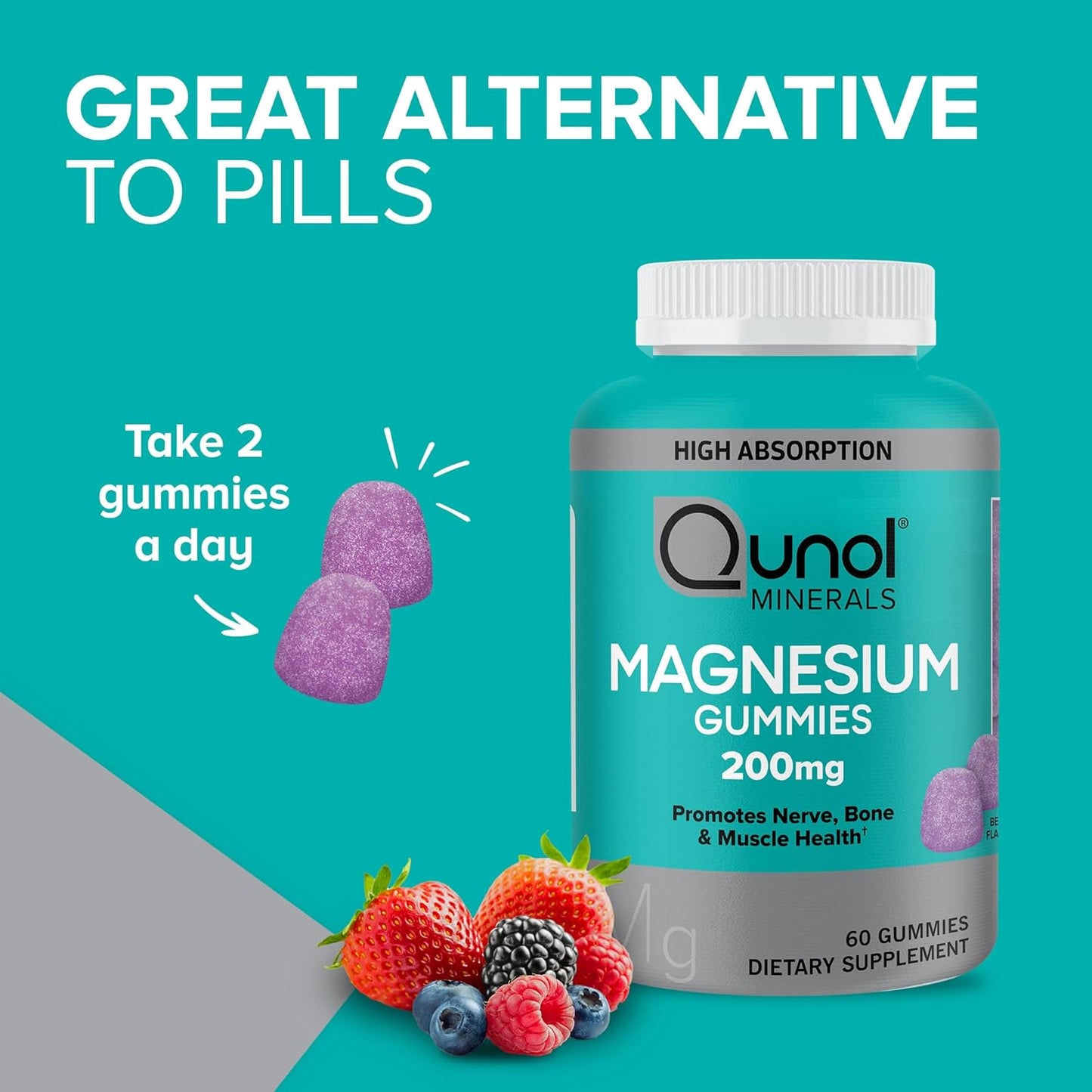 Qunol 200mg Magnesium Citrate Gummies for Adults, High Absorption Supplement for Nerve, Bone, Muscle Health - 120 Count