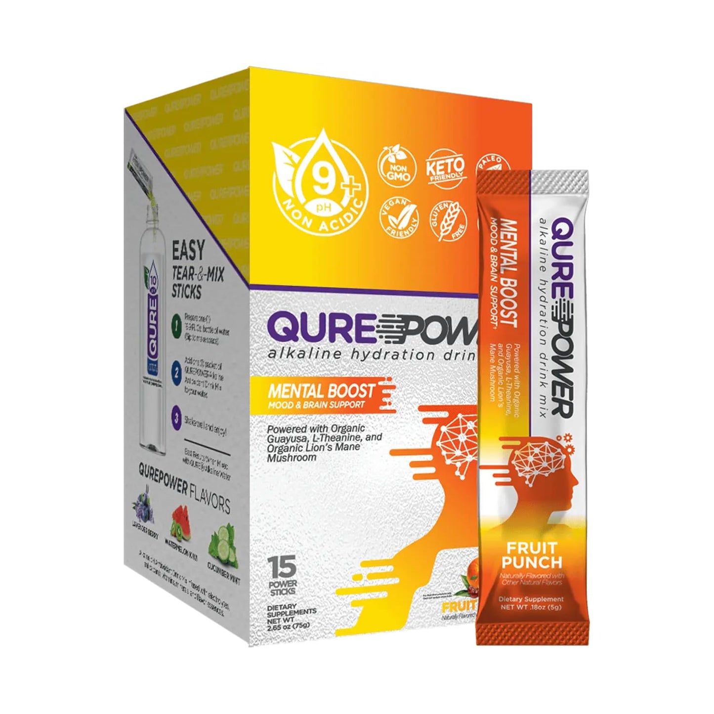 QURE Power Mental Boost Sticks - Organic Brain Support for Focus and Clarity with Guayusa, Lion’s Mane, L-Theanine, Caffeine - Made in USA