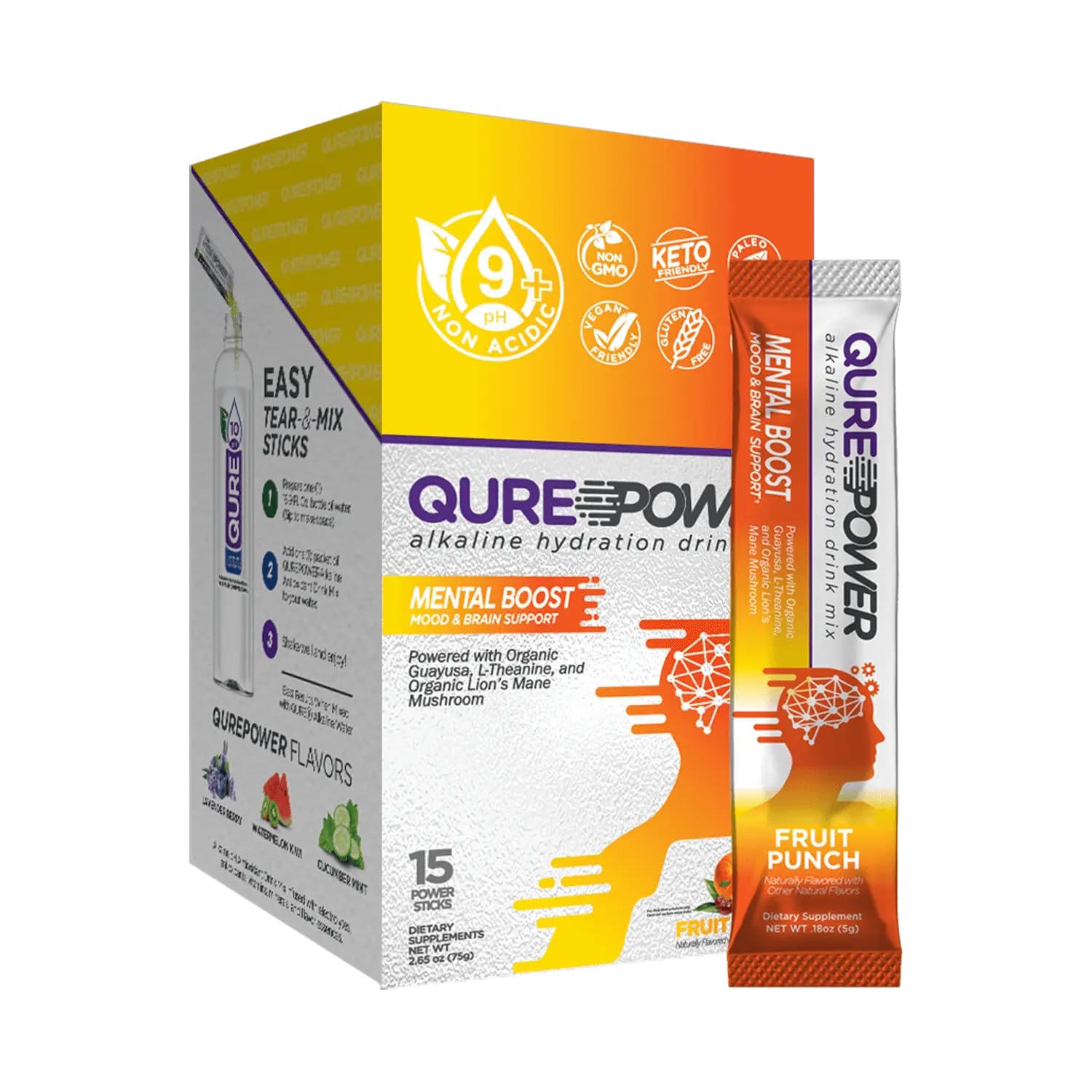 QURE Power Mental Boost Sticks - Organic Brain Support for Focus and Clarity with Guayusa, Lion’s Mane, L-Theanine, Caffeine - Made in USA