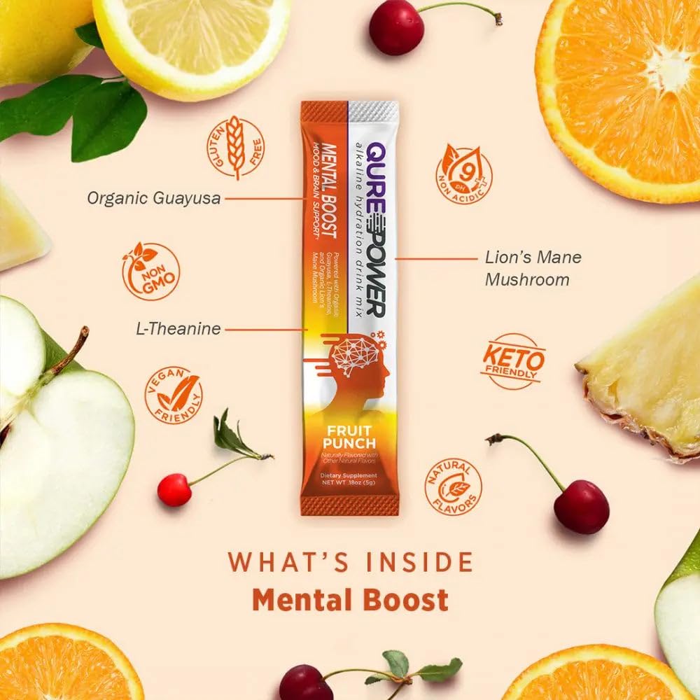 QURE Power Mental Boost Sticks - Organic Brain Support for Focus and Clarity with Guayusa, Lion’s Mane, L-Theanine, Caffeine - Made in USA