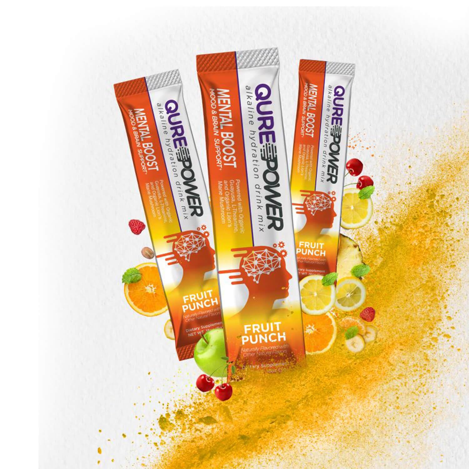 QURE Power Mental Boost Sticks - Organic Brain Support for Focus and Clarity with Guayusa, Lion’s Mane, L-Theanine, Caffeine - Made in USA