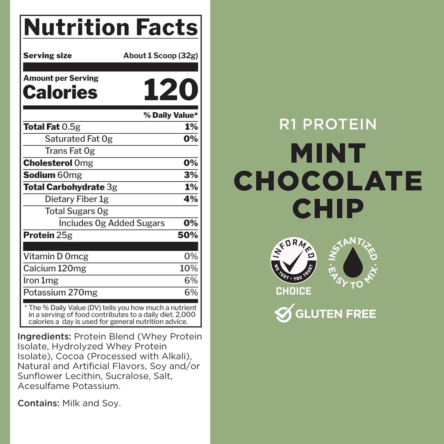R1 Protein Powder - 25g Fast-Acting Isolate & Hydrolysate with 6g BCAAs (2 lbs, Mint Chocolate Chip)