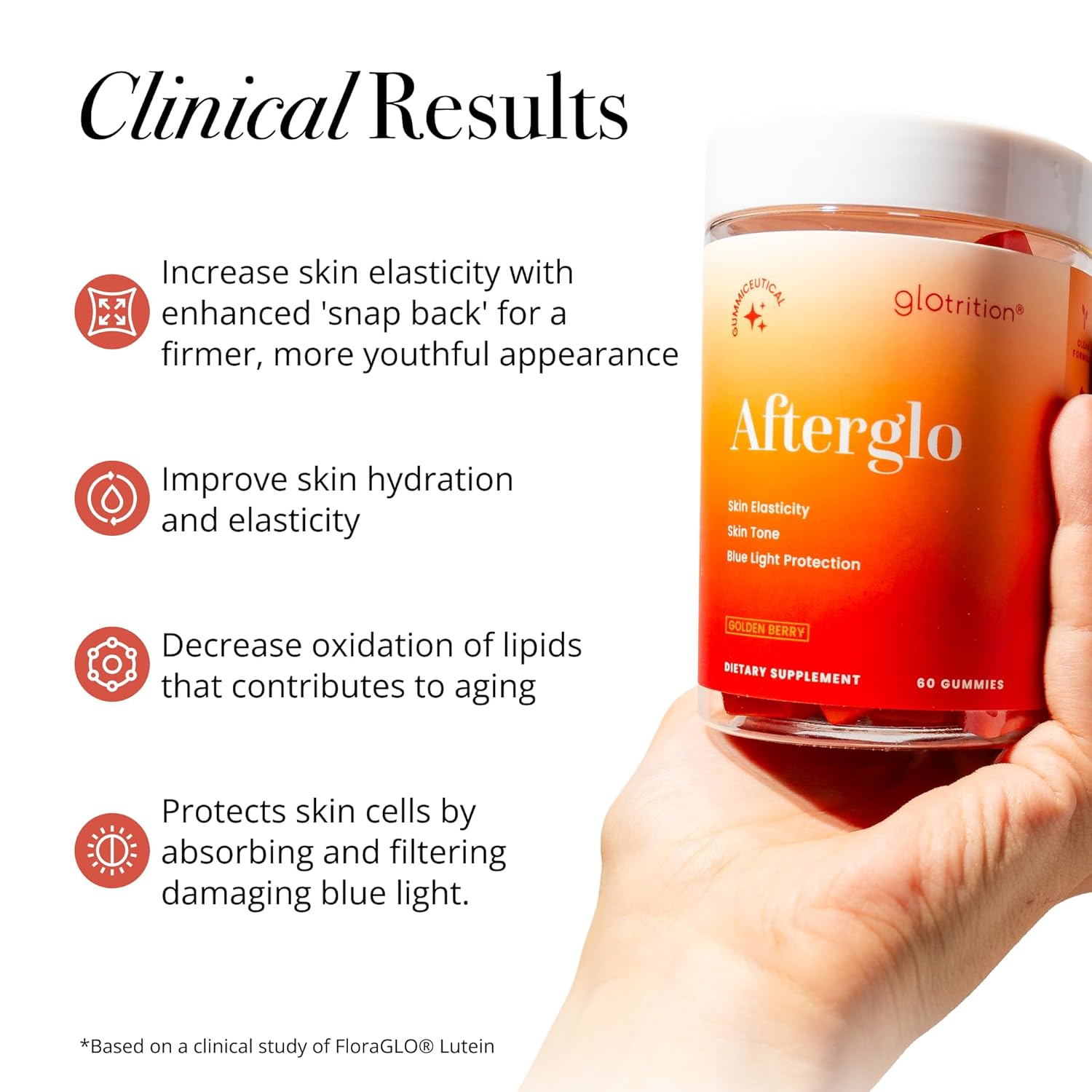 Radiant Skin Beauty Gummies with Vitamin A, C, E - Glotrition Afterglo Supplement - 60 Gummies - Improve Skin Elasticity & Smoothness