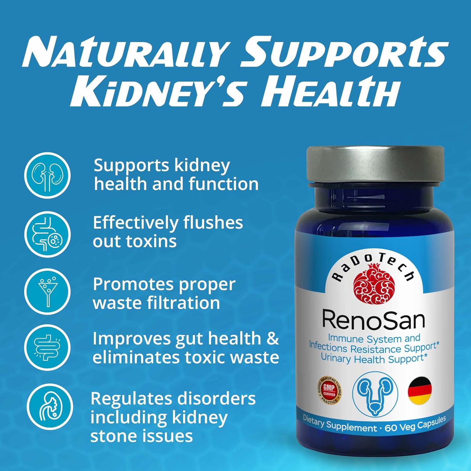 RaDoTech RenoSan: Kidney Cleanse & Immune Support with Olive Leaf Extract - 60 Veg Capsules for Overall Well-Being