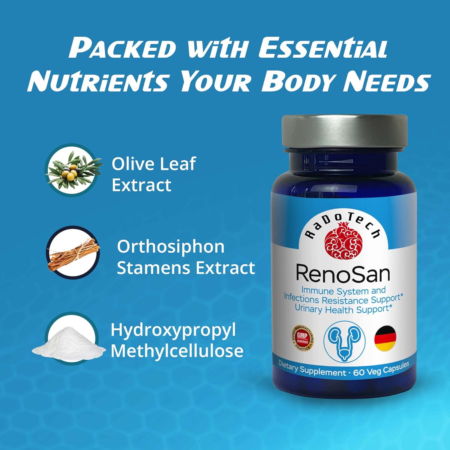 RaDoTech RenoSan: Kidney Cleanse & Immune Support with Olive Leaf Extract - 60 Veg Capsules for Overall Well-Being