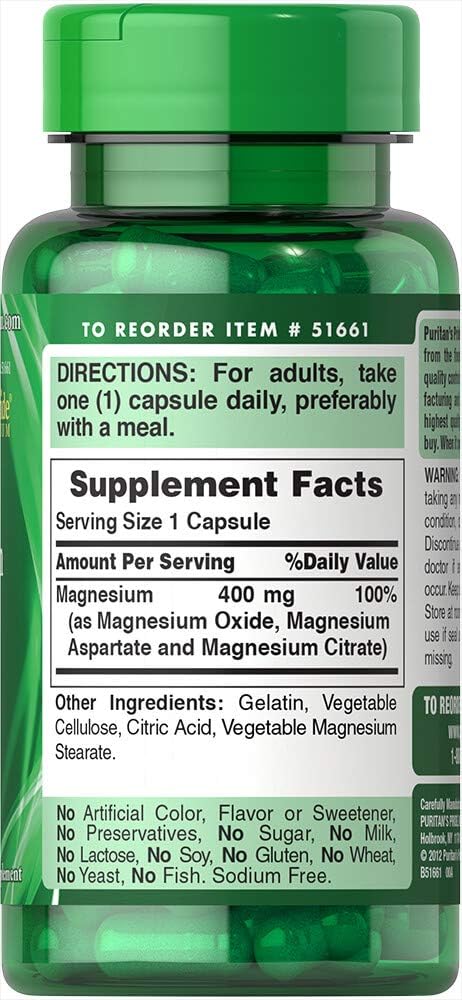 Rapid Release Triple Magnesium Complex Capsules 400mg, 60 Count by Puritan's Pride