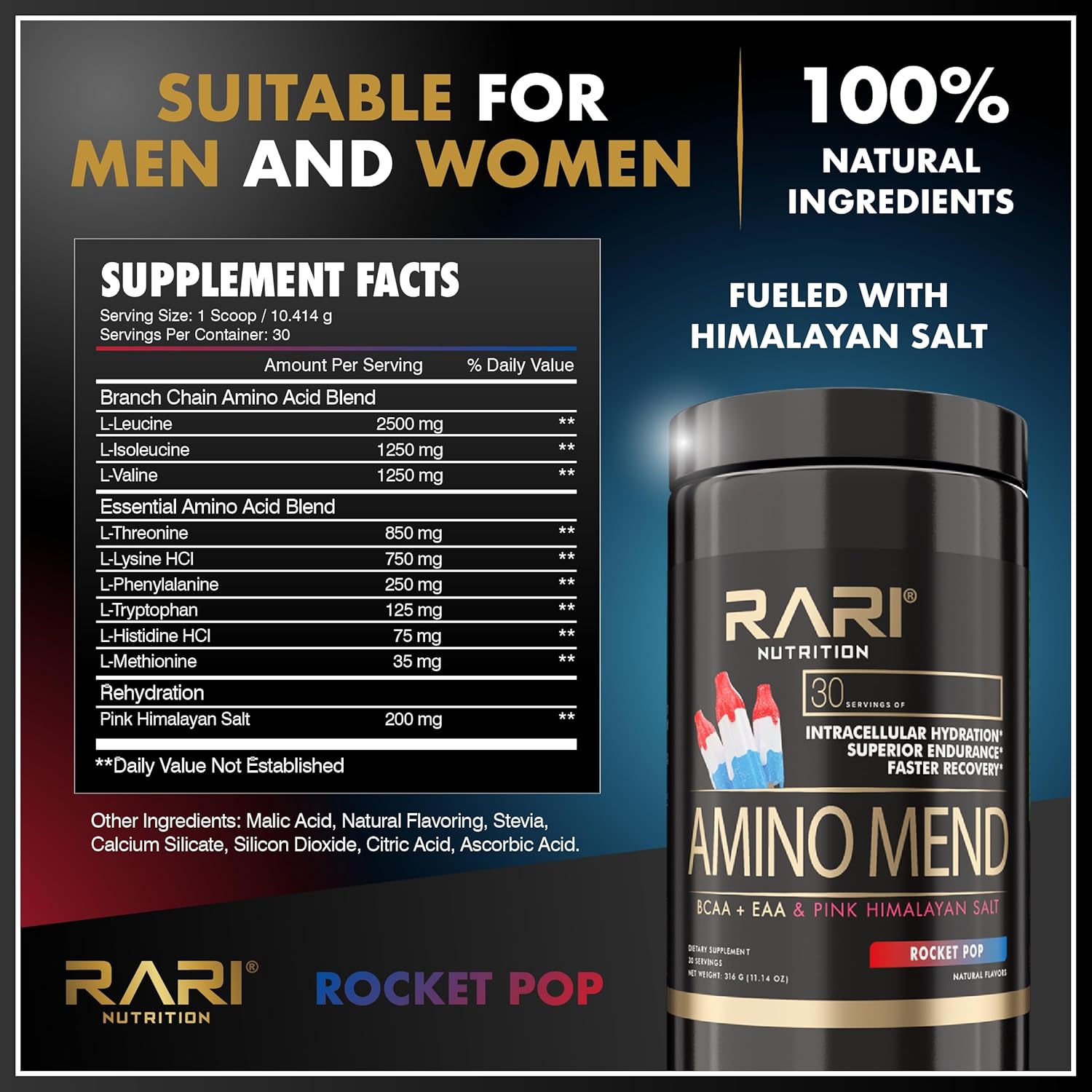 RARI Nutrition Amino Mend Recovery Drink - 5000mg BCAAs, 2085mg EAAs, 30 Servings, Rocket Pop Flavor