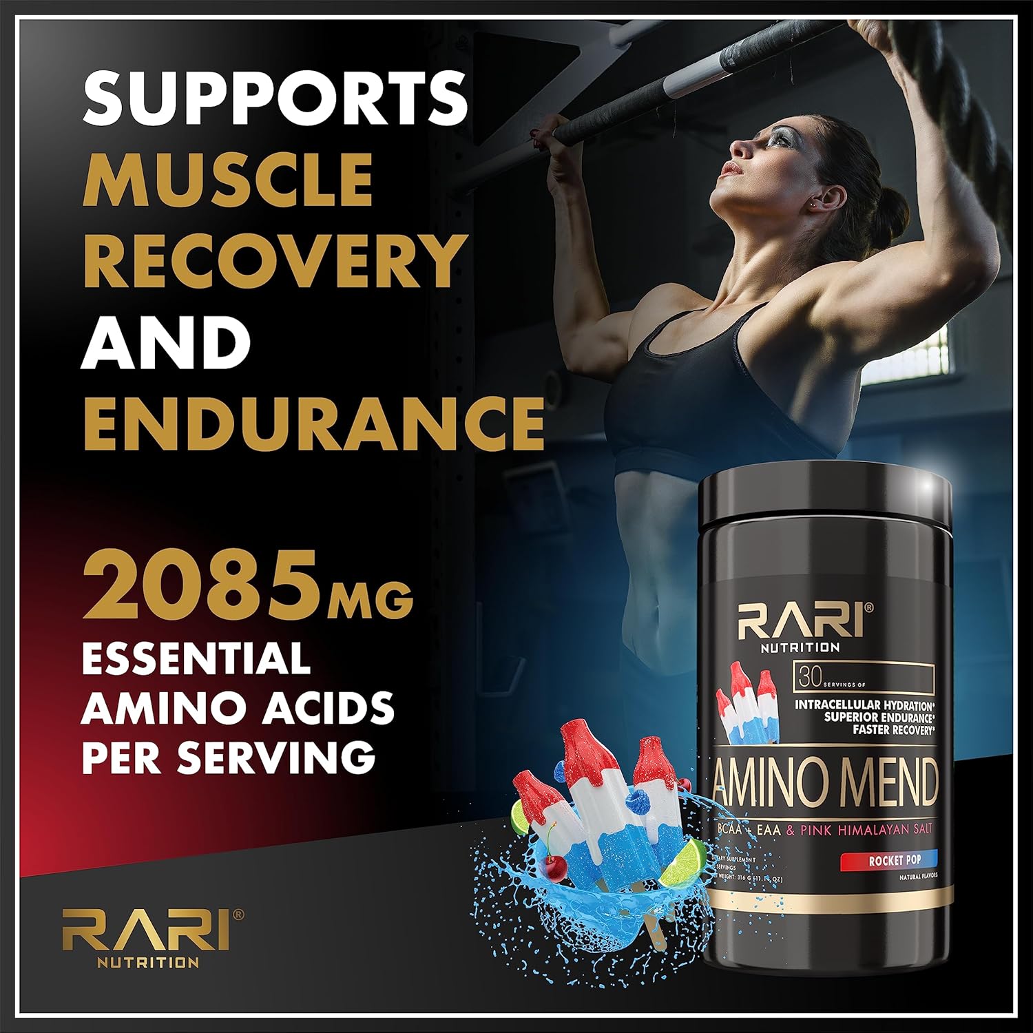 RARI Nutrition Amino Mend Recovery Drink - 5000mg BCAAs, 2085mg EAAs, 30 Servings, Rocket Pop Flavor