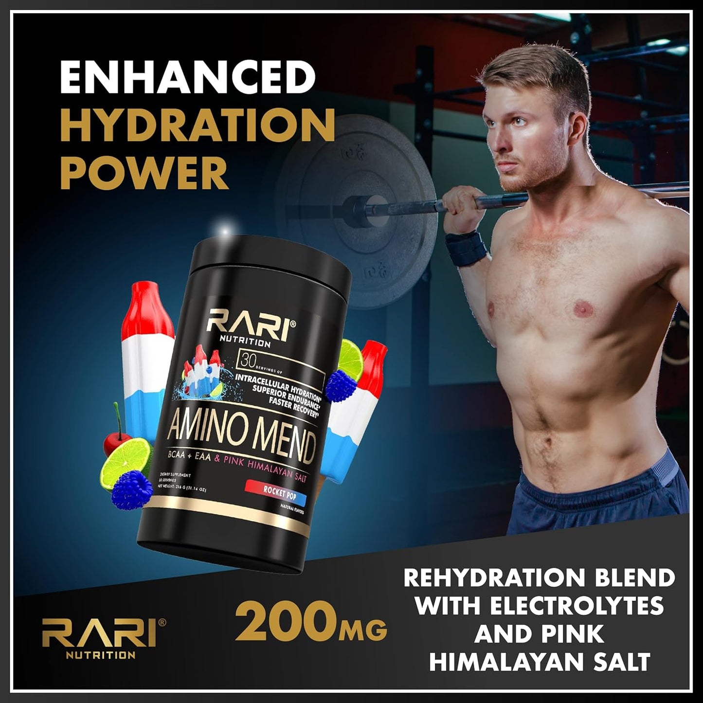 RARI Nutrition Amino Mend Recovery Drink - 5000mg BCAAs, 2085mg EAAs, 30 Servings, Rocket Pop Flavor