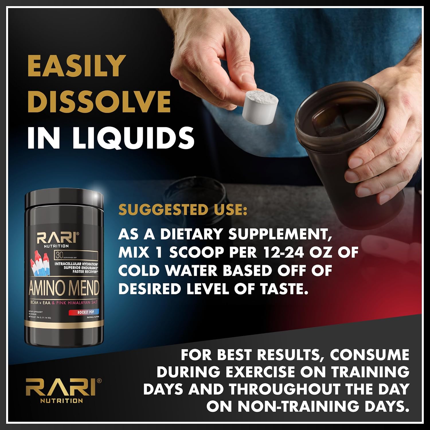 RARI Nutrition Amino Mend Recovery Drink - 5000mg BCAAs, 2085mg EAAs, 30 Servings, Rocket Pop Flavor