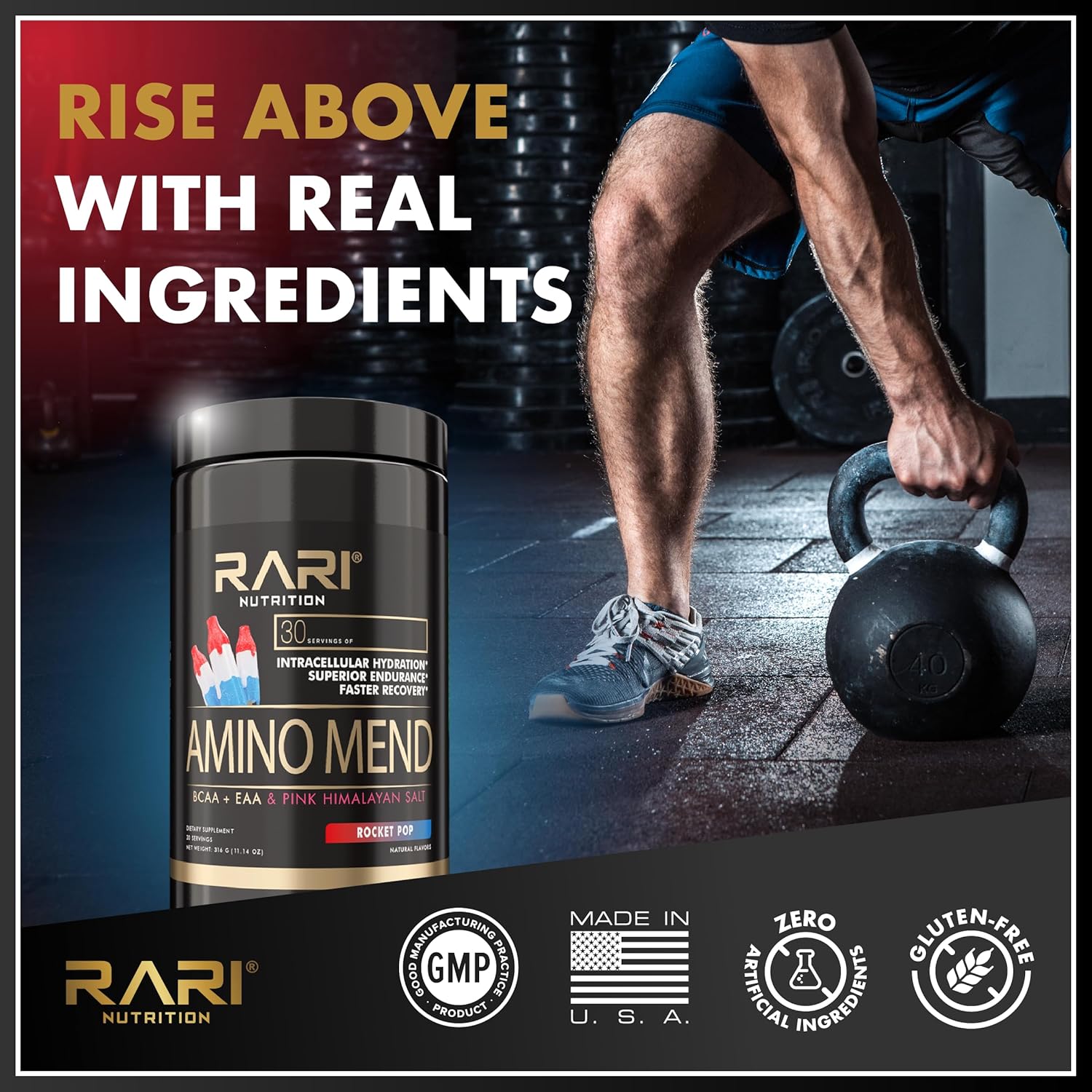 RARI Nutrition Amino Mend Recovery Drink - 5000mg BCAAs, 2085mg EAAs, 30 Servings, Rocket Pop Flavor