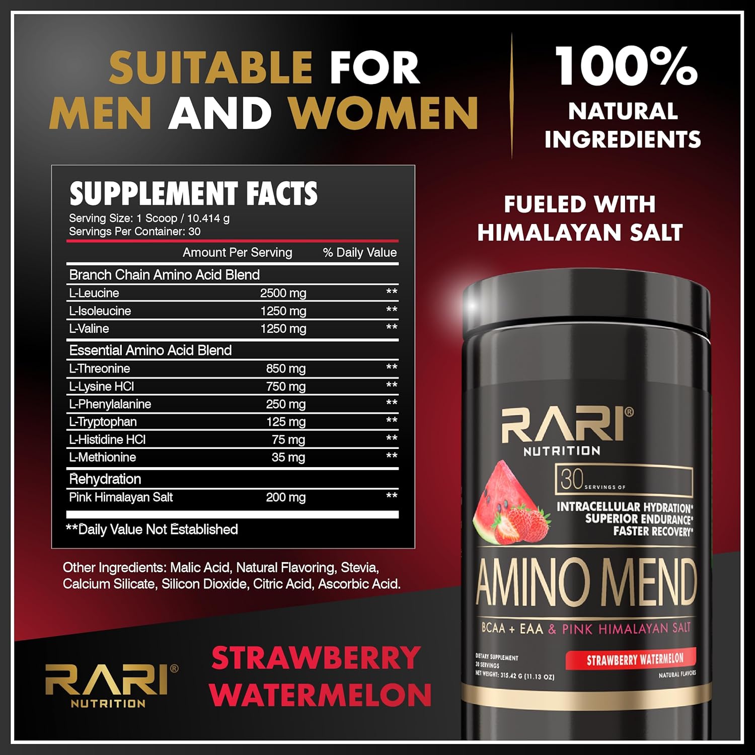 RARI Nutrition Amino Mend Recovery Drink - Strawberry Watermelon, 30 Servings, 5000mg BCAAs, 2085mg EAAs