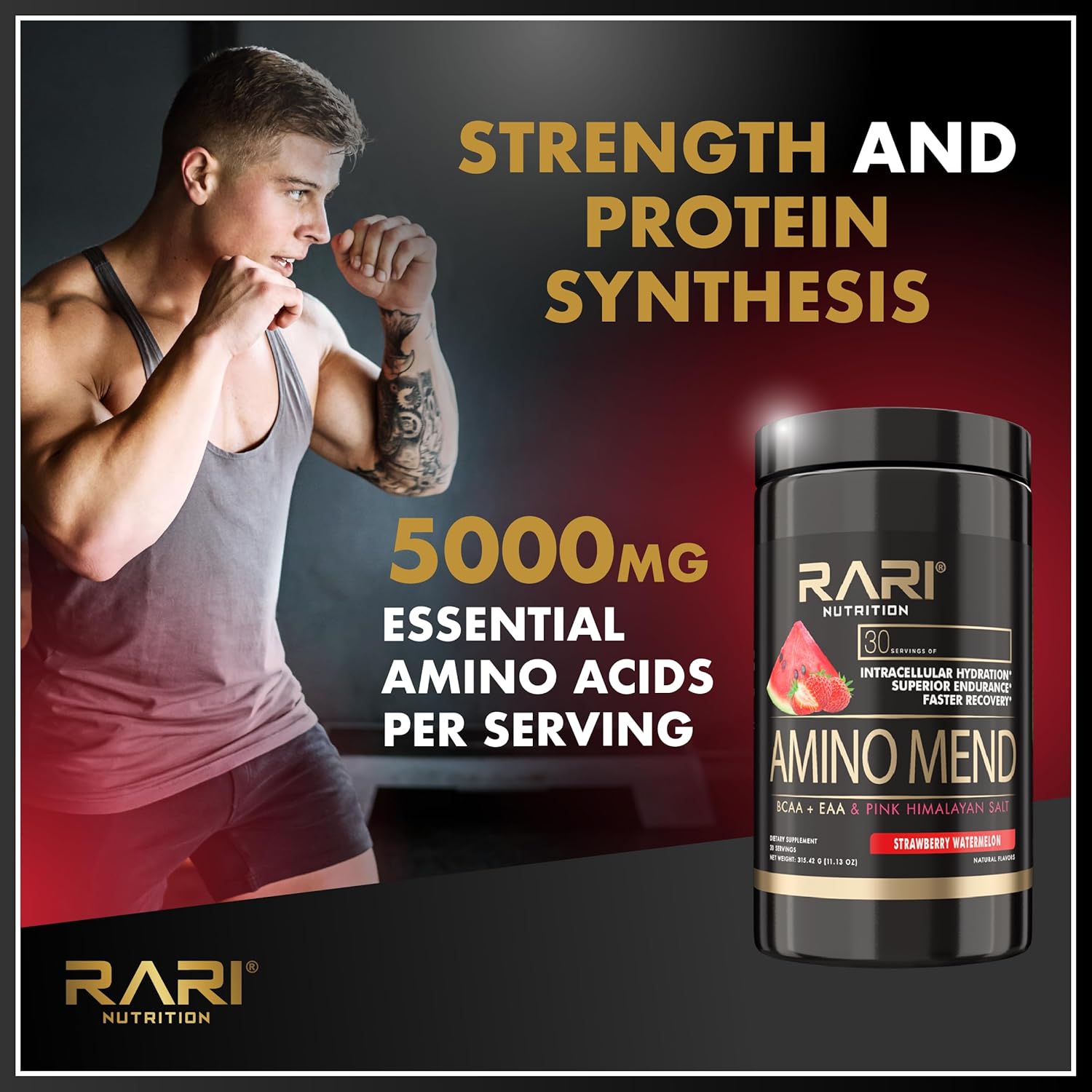 RARI Nutrition Amino Mend Recovery Drink - Strawberry Watermelon, 30 Servings, 5000mg BCAAs, 2085mg EAAs