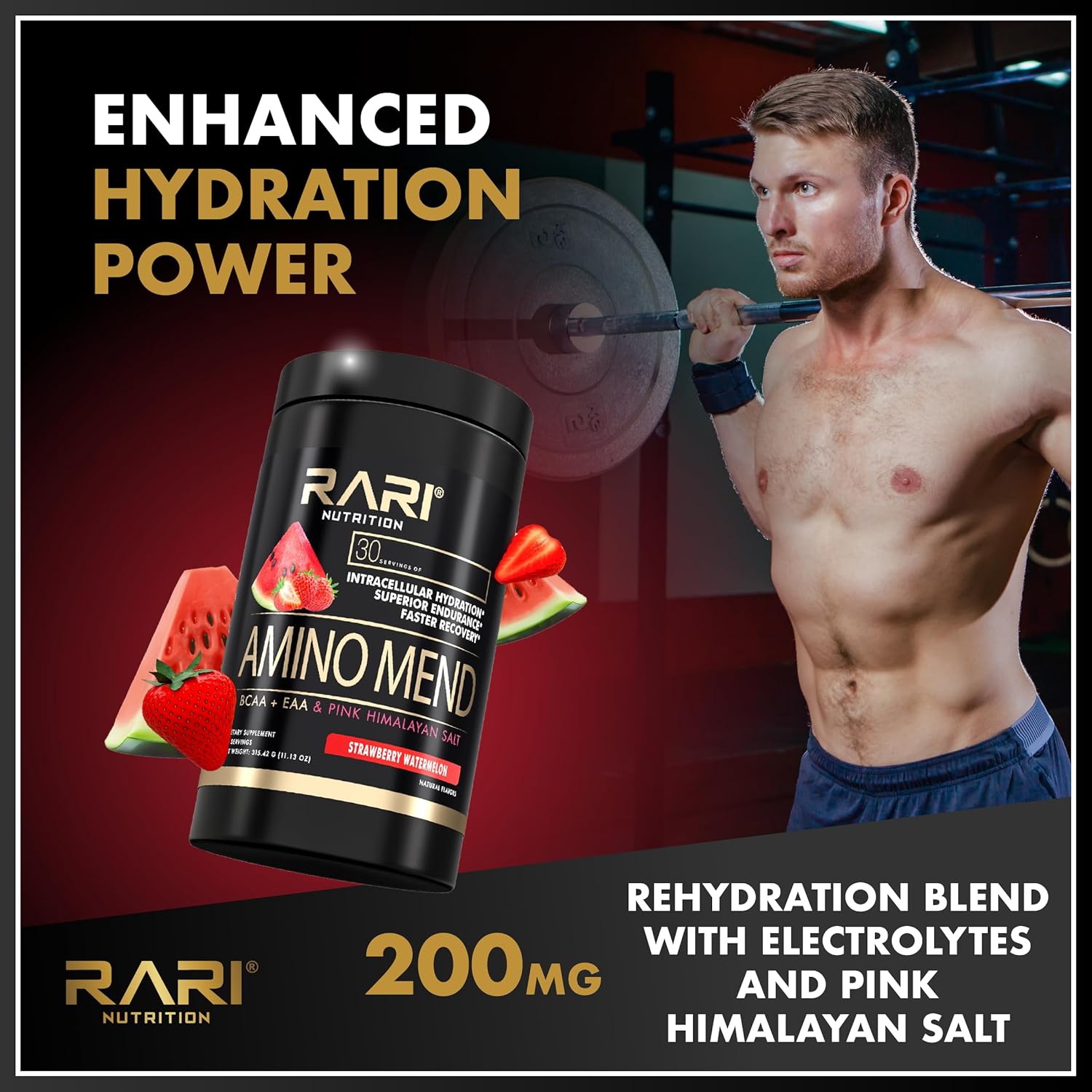 RARI Nutrition Amino Mend Recovery Drink - Strawberry Watermelon, 30 Servings, 5000mg BCAAs, 2085mg EAAs