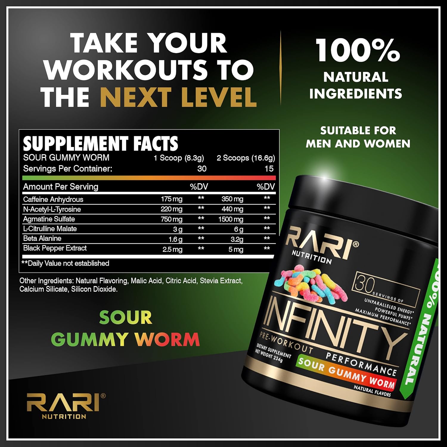 RARI Nutrition Infinity Pre Workout Performance - High-Performance Energy Powder for Women and Men - 30 Servings, Sour Gummy Worm Flavor