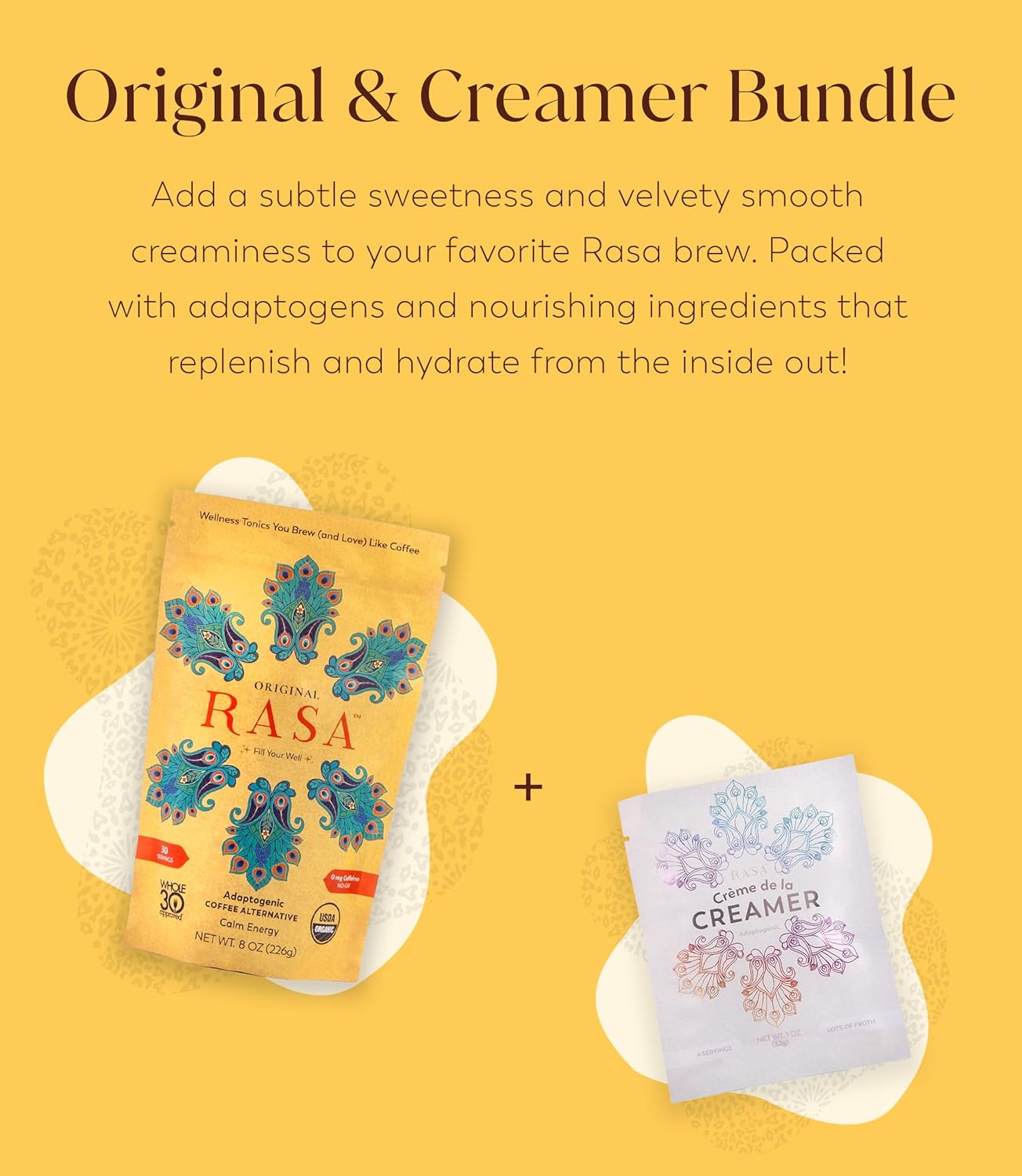 Rasa Koffee RASA Original Adaptogenic Coffee Alternative & Crème de la Creamer Bundle - Vegan, Keto, Whole 30 - Mushroom Wellness Tonic & Adaptogen Creamer with MCT Oil (30 Servings)