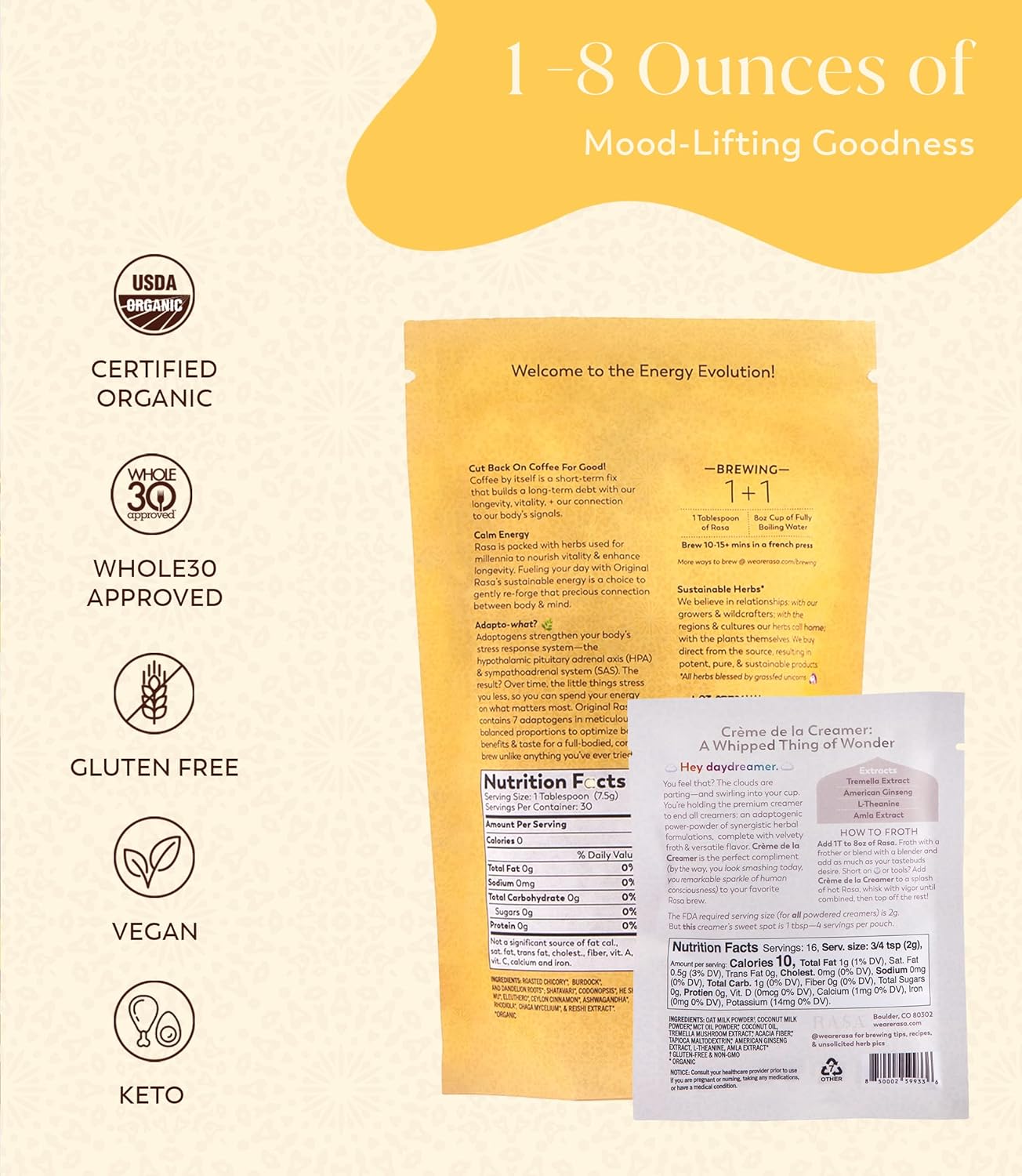 Rasa Koffee RASA Original Adaptogenic Coffee Alternative & Crème de la Creamer Bundle - Vegan, Keto, Whole 30 - Mushroom Wellness Tonic & Adaptogen Creamer with MCT Oil (30 Servings)