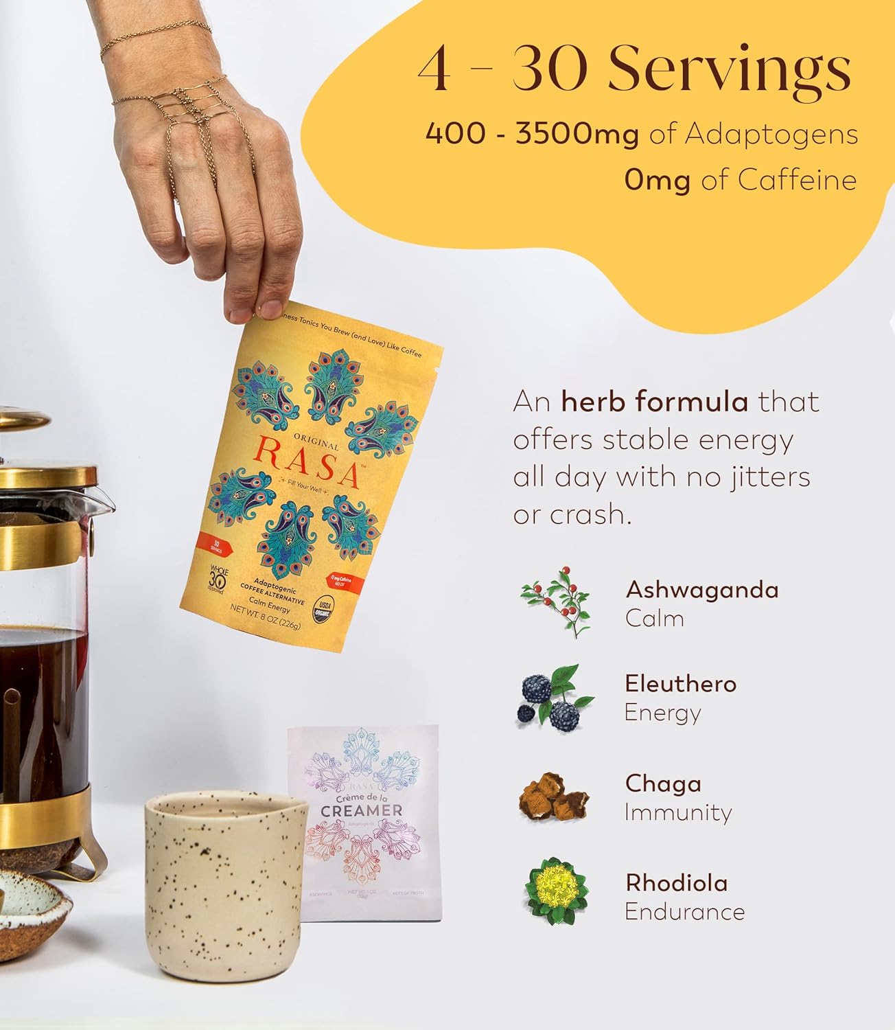 Rasa Koffee RASA Original Adaptogenic Coffee Alternative & Crème de la Creamer Bundle - Vegan, Keto, Whole 30 - Mushroom Wellness Tonic & Adaptogen Creamer with MCT Oil (30 Servings)