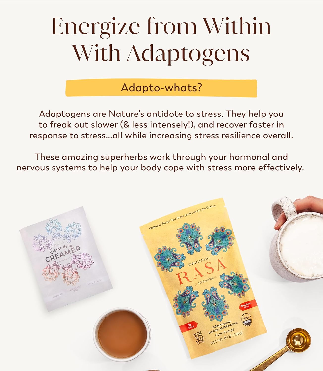 Rasa Koffee RASA Original Adaptogenic Coffee Alternative & Crème de la Creamer Bundle - Vegan, Keto, Whole 30 - Mushroom Wellness Tonic & Adaptogen Creamer with MCT Oil (30 Servings)