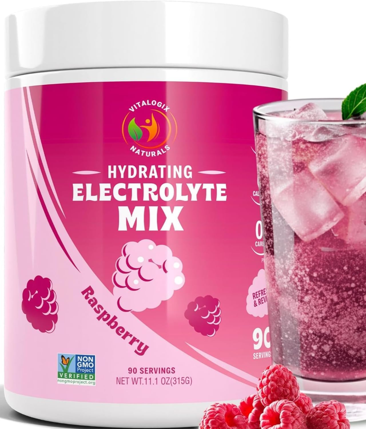 Raspberry Electrolyte Powder Mix - Zero Sugar, Calories, or Artificial Ingredients - Keto & Vegan Friendly - 90 Servings