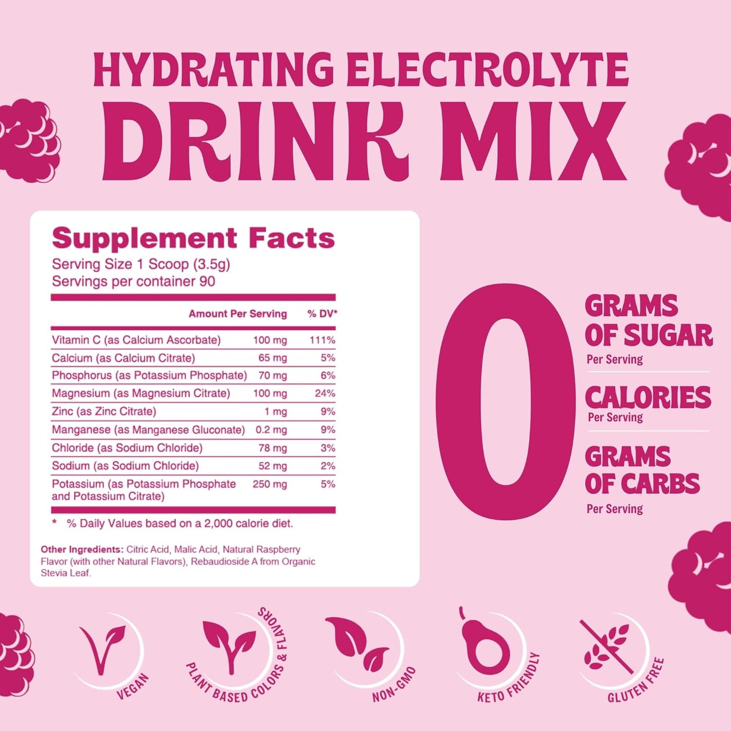 Raspberry Electrolyte Powder Mix - Zero Sugar, Calories, or Artificial Ingredients - Keto & Vegan Friendly - 90 Servings