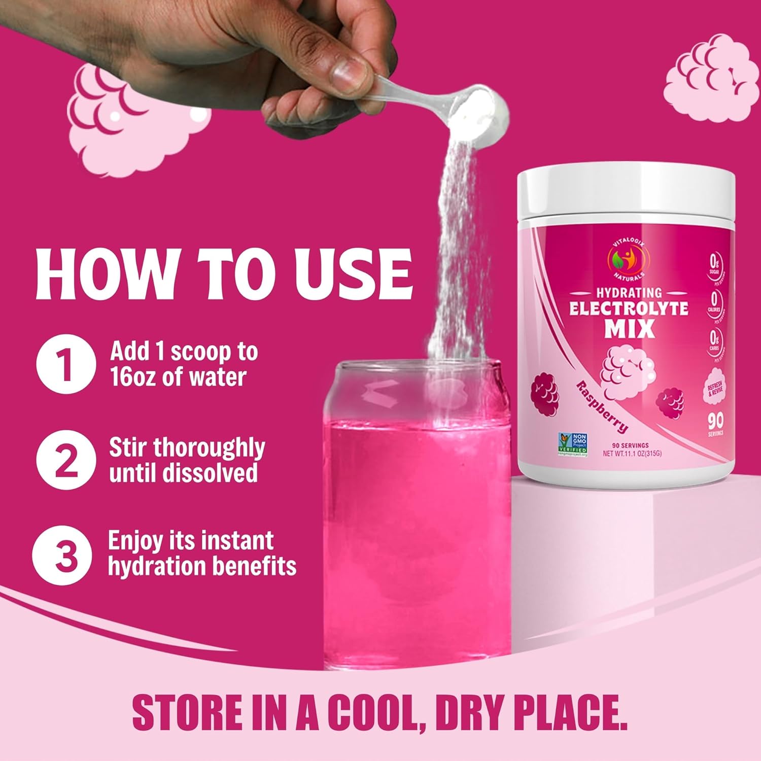 Raspberry Electrolyte Powder Mix - Zero Sugar, Calories, or Artificial Ingredients - Keto & Vegan Friendly - 90 Servings