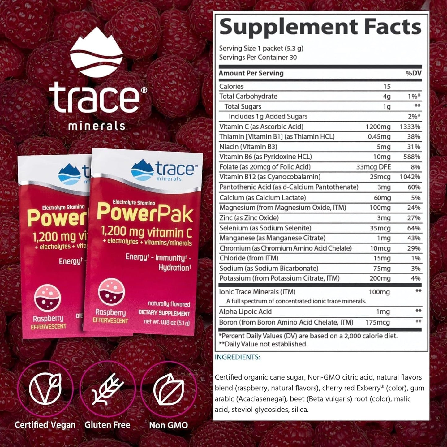Raspberry Electrolyte Powder Packets with Trace Minerals, 1200 mg Vitamin C, Zinc, and Magnesium - Immunity Boost and Hydration - 30 Packets