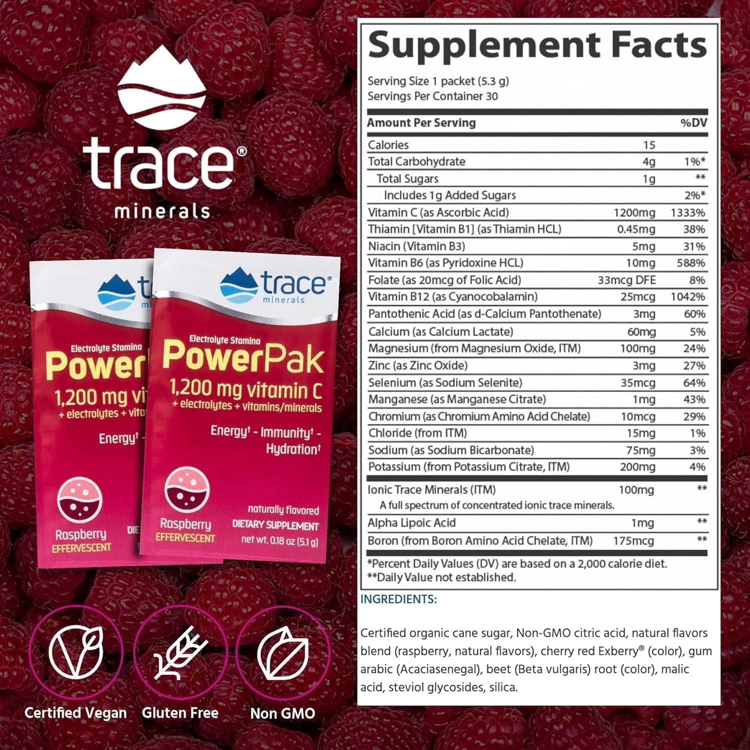 Raspberry Electrolyte Powder Packets with Trace Minerals, 1200 mg Vitamin C, Zinc, and Magnesium - Immunity Boost and Hydration - 30 Packets