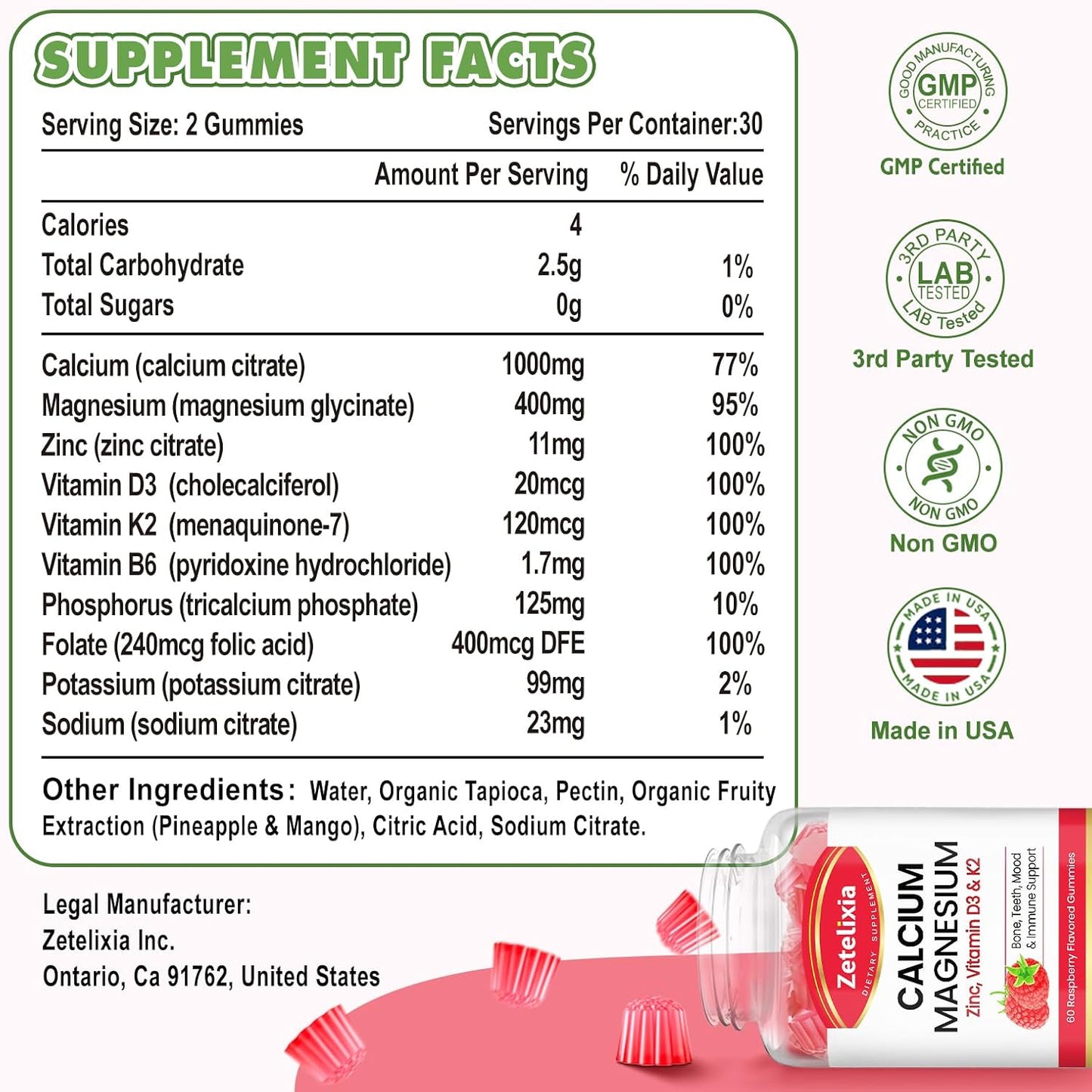 Raspberry Flavored Calcium Gummies with Vitamin D3 & K2 for Bones and Muscles - 60 Count
