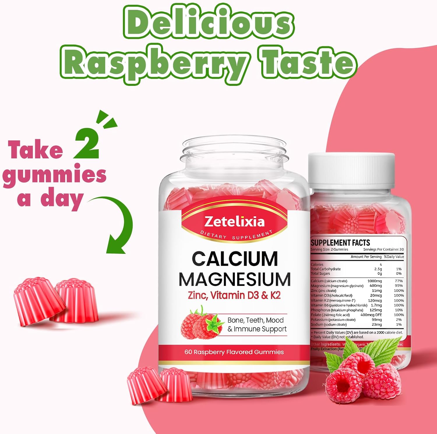 Raspberry Flavored Calcium Gummies with Vitamin D3 & K2 for Bones and Muscles - 60 Count
