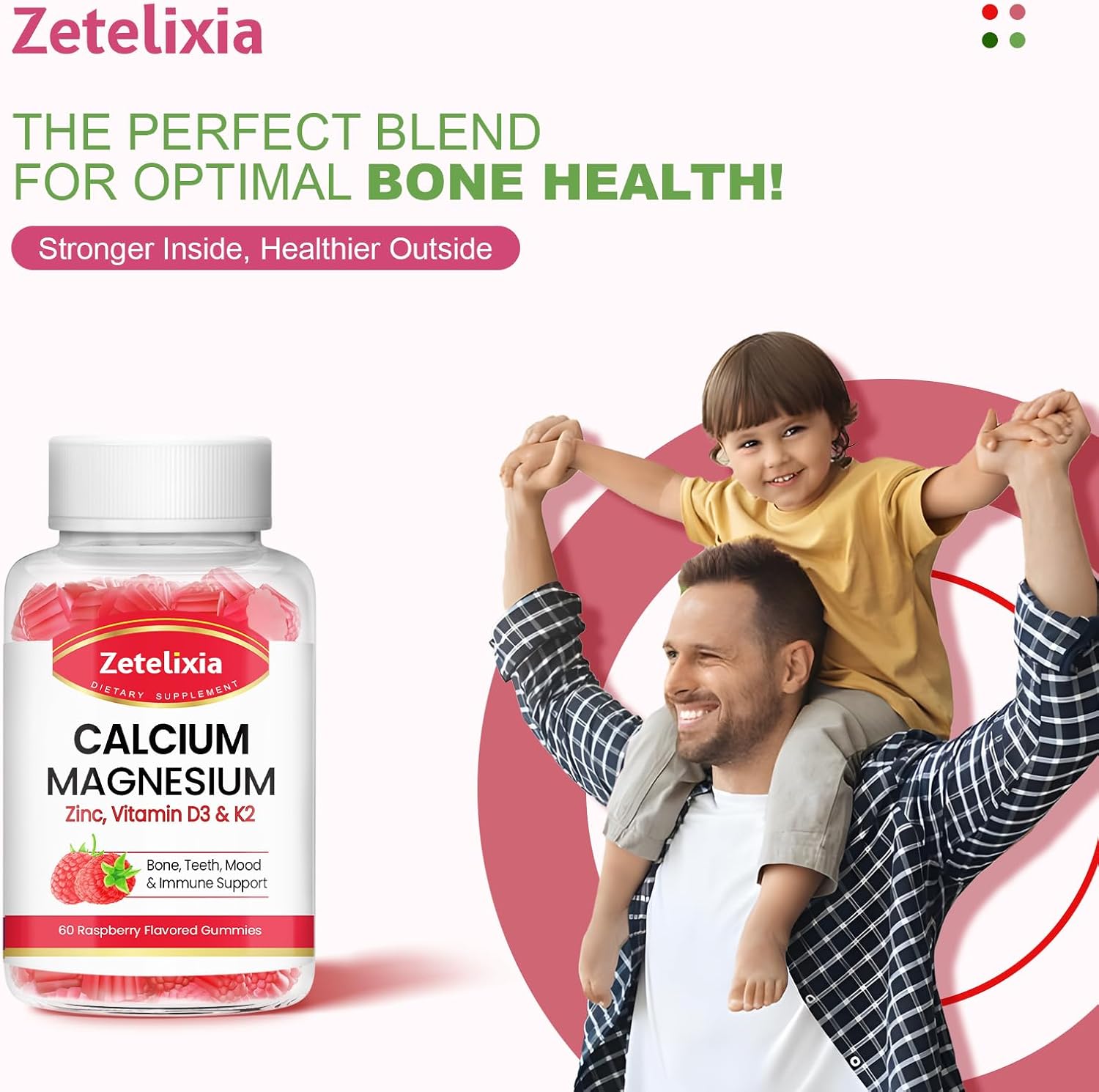 Raspberry Flavored Calcium Gummies with Vitamin D3 & K2 for Bones and Muscles - 60 Count