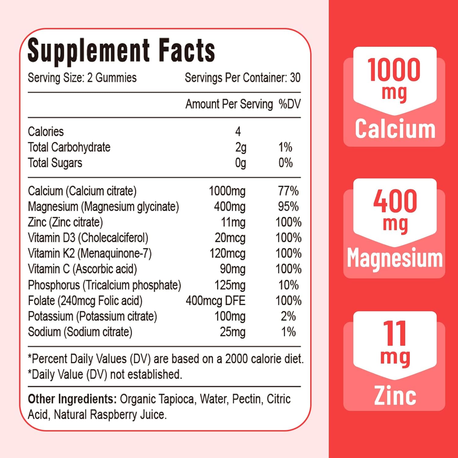 Raspberry Flavored Calcium Magnesium Zinc Gummies with Vitamin D3 & K2 for Immune Support - 120 Gummies