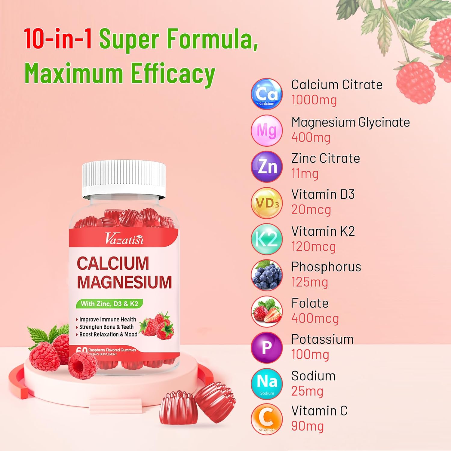 Raspberry Flavored Calcium Magnesium Zinc Gummies with Vitamin D3 & K2 for Immune Support - 120 Gummies