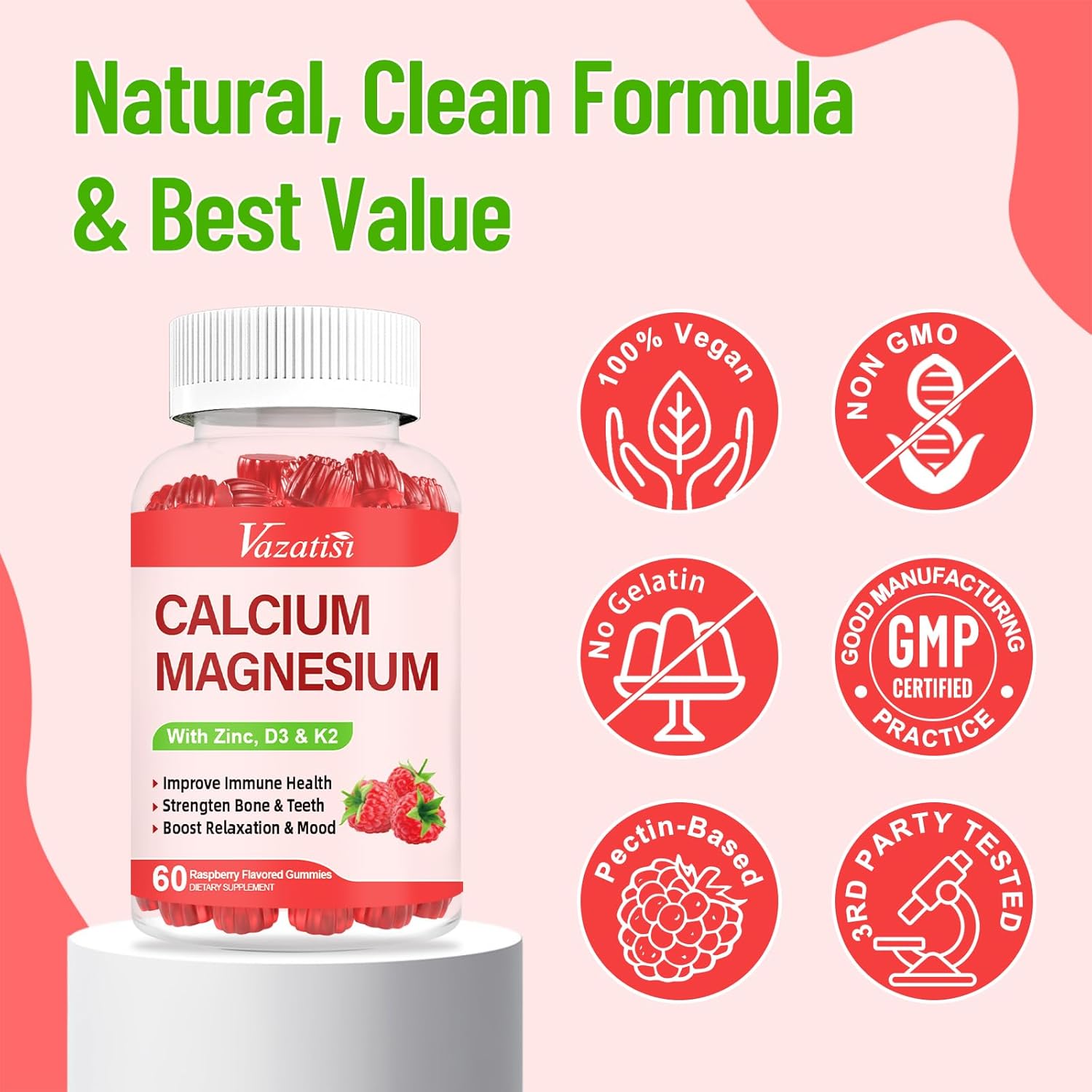 Raspberry Flavored Calcium Magnesium Zinc Gummies with Vitamin D3 & K2 for Immune Support - 120 Gummies