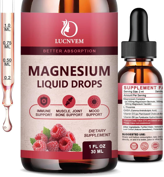 Raspberry Flavored Liquid Magnesium Glycinate Drops with GABA, L-theanine, D3, and B6 for Calm and Sleep - 1 Fl Oz (Pack of 2)