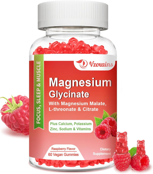 Raspberry Flavored VZOXAINS Magnesium Glycinate Gummies - 600mg for Relaxation, Sleep, and Muscle Support - 60 Gummies for Adults and Kids