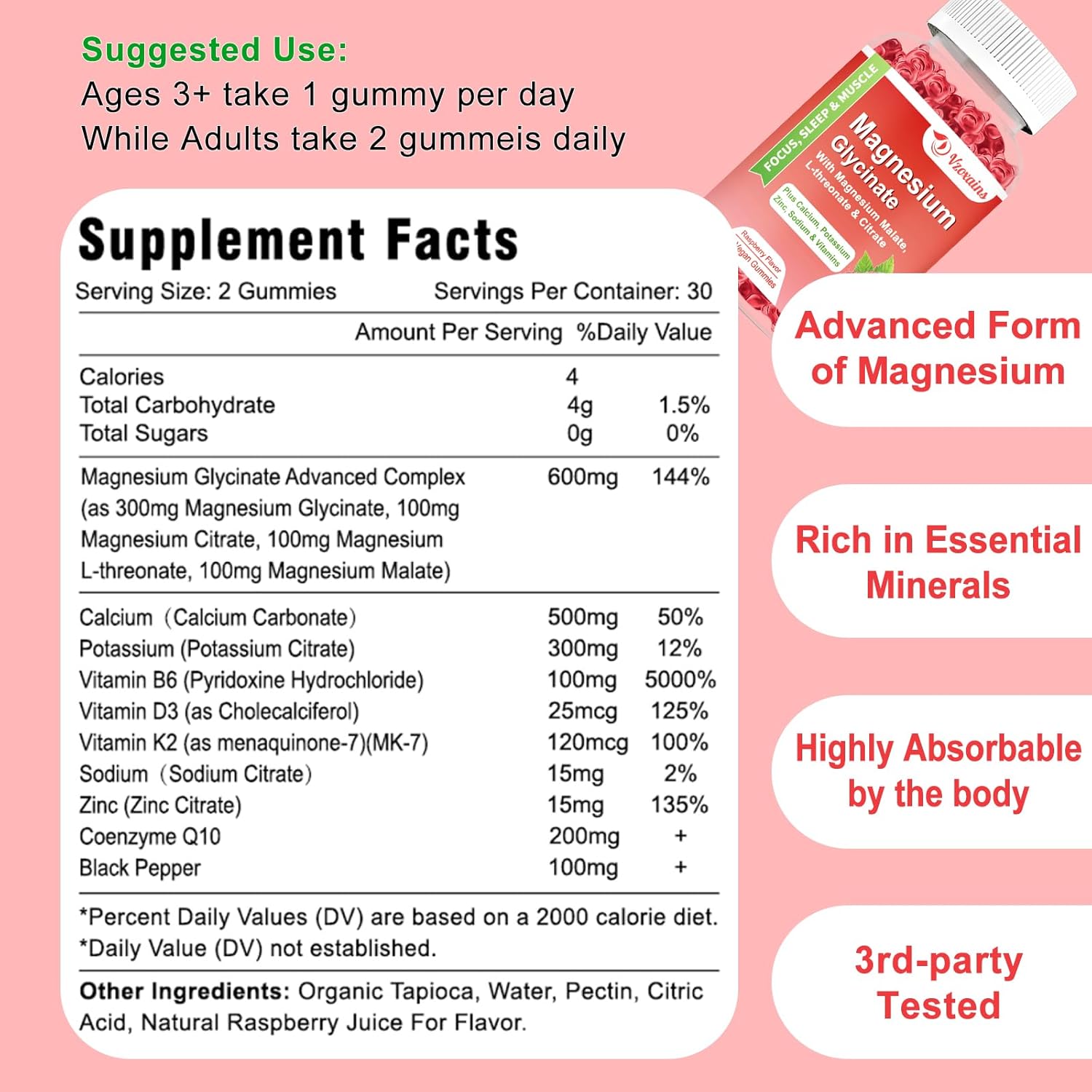 Raspberry Flavored VZOXAINS Magnesium Glycinate Gummies - 600mg for Relaxation, Sleep, and Muscle Support - 60 Gummies for Adults and Kids