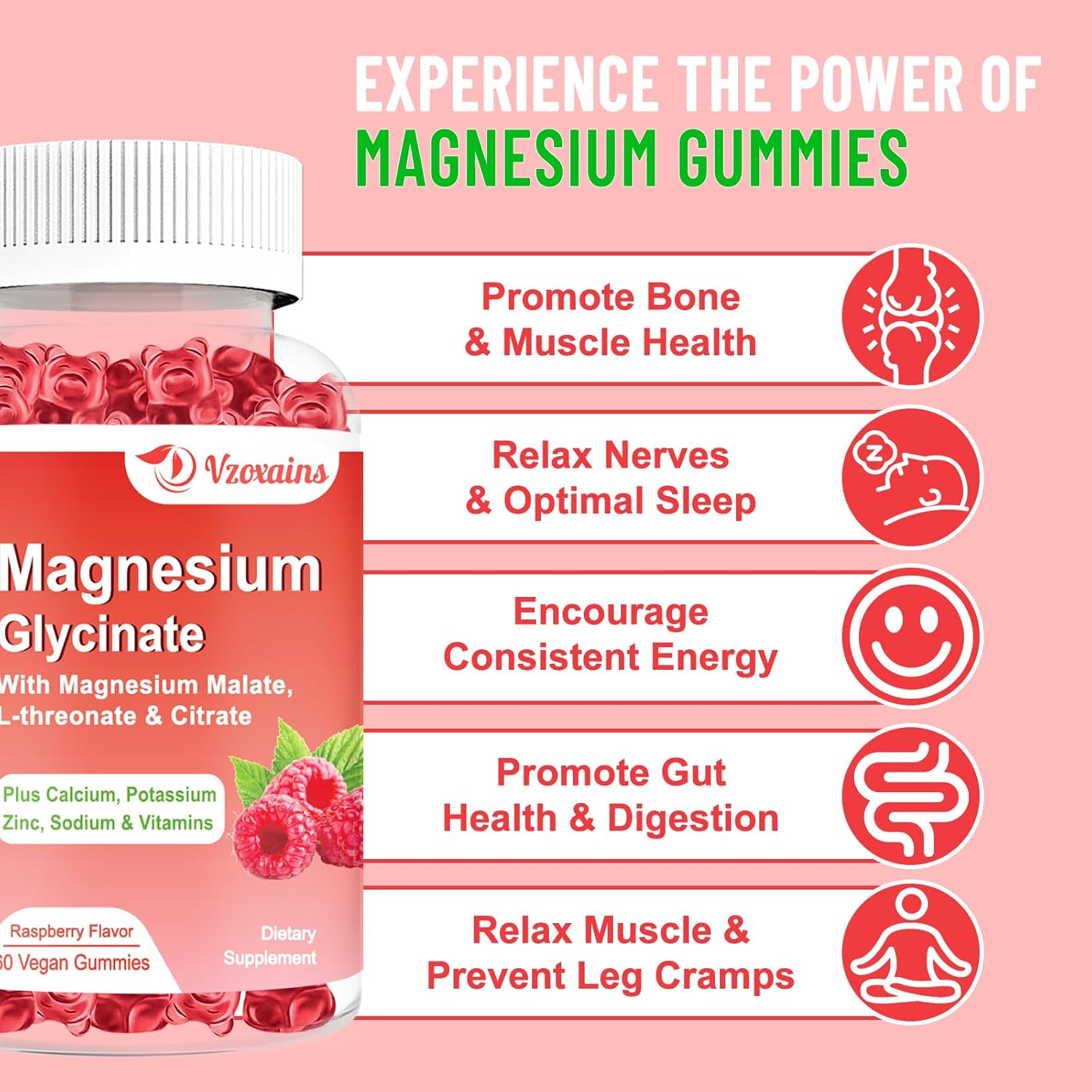 Raspberry Flavored VZOXAINS Magnesium Glycinate Gummies - 600mg for Relaxation, Sleep, and Muscle Support - 60 Gummies for Adults and Kids