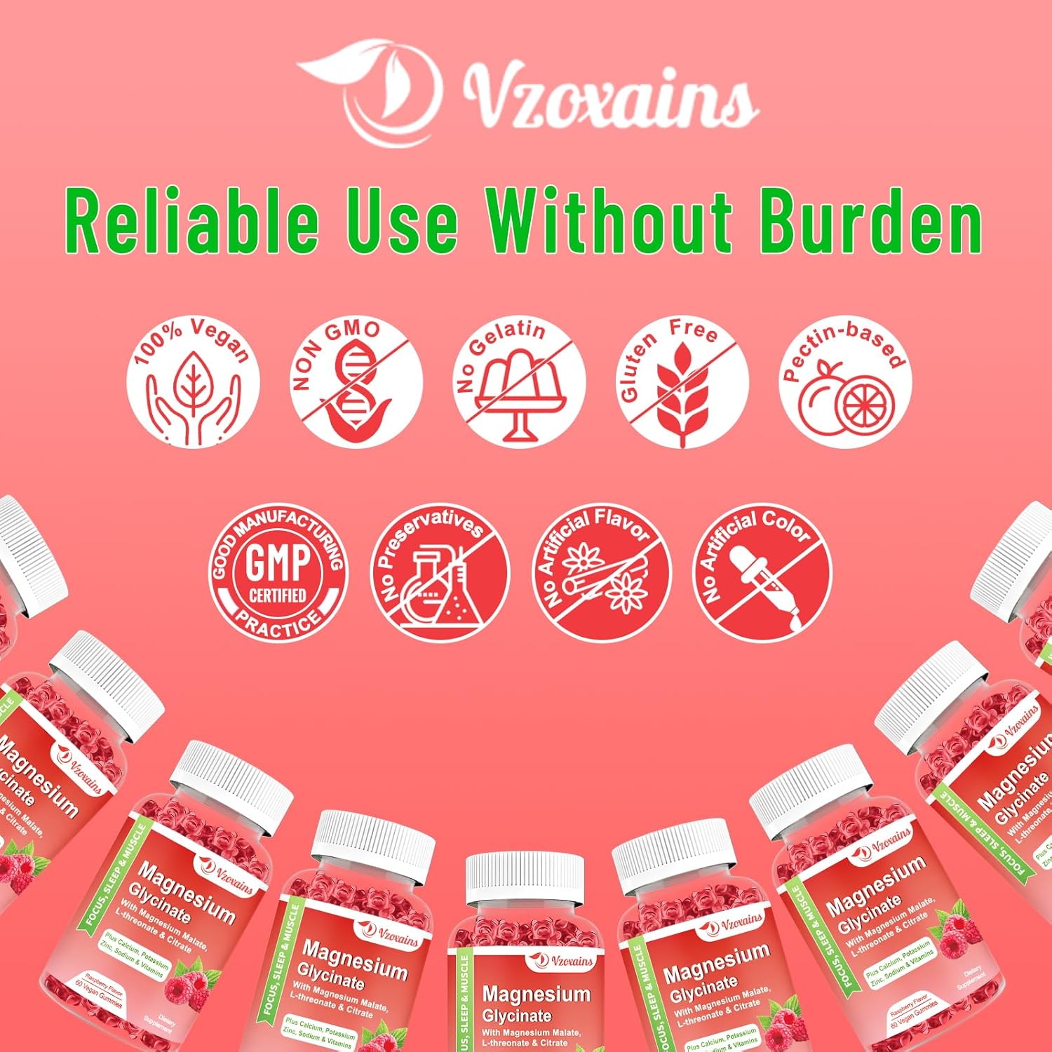 Raspberry Flavored VZOXAINS Magnesium Glycinate Gummies - 600mg for Relaxation, Sleep, and Muscle Support - 60 Gummies for Adults and Kids