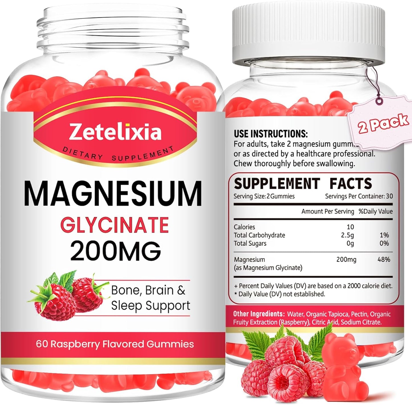 Raspberry Flavored Zetelixia Magnesium Glycinate Gummies - High Absorption Relaxation Supplements for Adults & Kids - 120 Count
