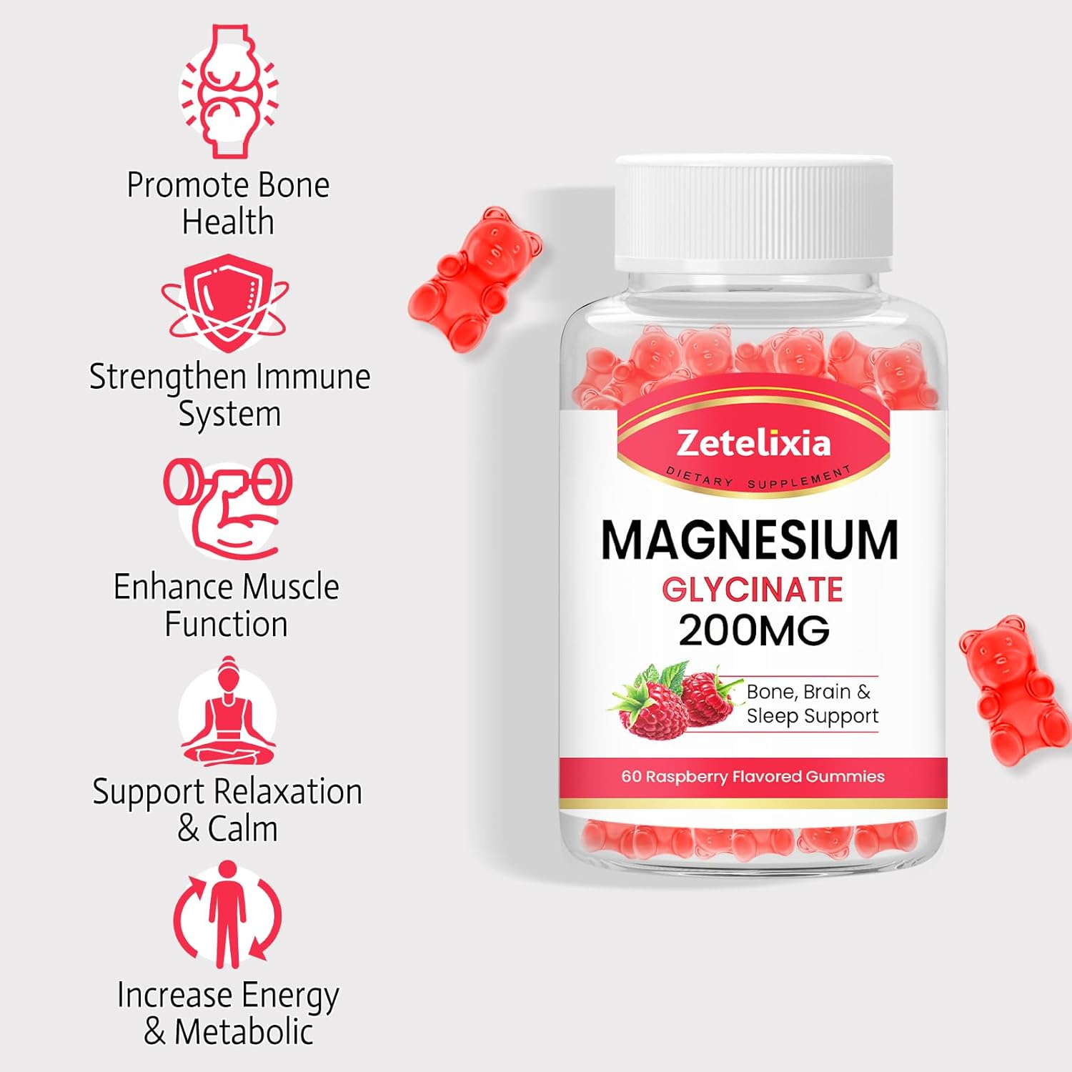 Raspberry Flavored Zetelixia Magnesium Glycinate Gummies - High Absorption Relaxation Supplements for Adults & Kids - 120 Count