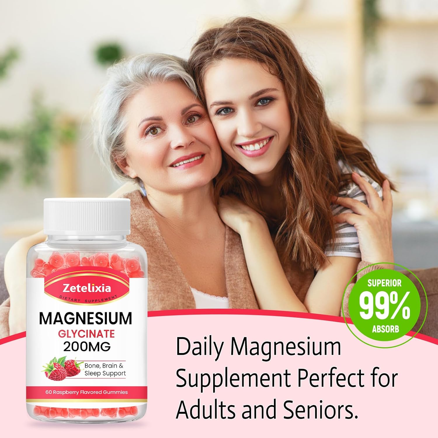 Raspberry Flavored Zetelixia Magnesium Glycinate Gummies - High Absorption Relaxation Supplements for Adults & Kids - 120 Count