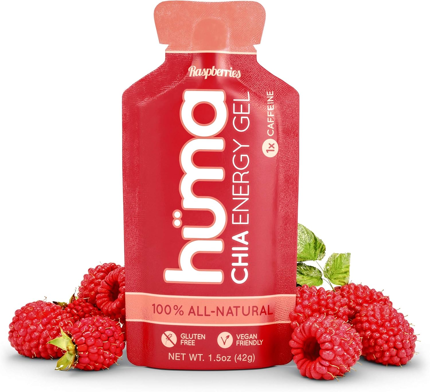 Raspberry Huma Chia Energy Gel - 12 Pack with Caffeine for Endurance Exercise