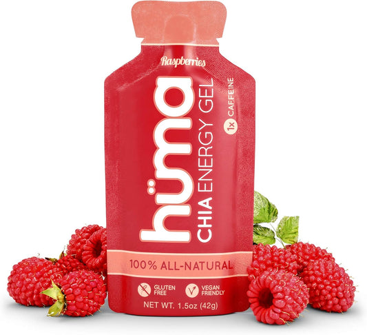Raspberry Huma Chia Energy Gel - 12 Pack with Caffeine for Endurance Exercise