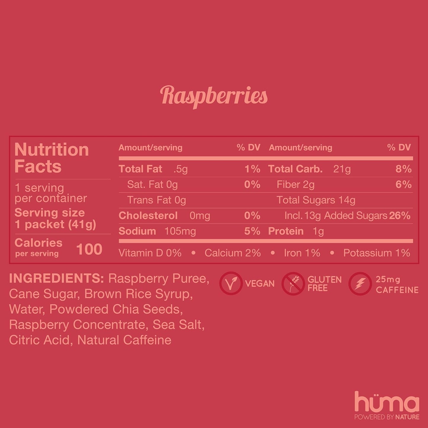 Raspberry Huma Chia Energy Gel - 12 Pack with Caffeine for Endurance Exercise